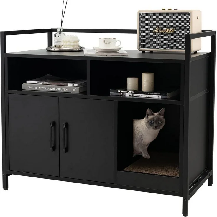 KOMFOTTEU Tierhaus 2 in 1 Katzenschrank Katzentoilette, mit Doppeltüren, Kratzbrett & 2 Fächern
