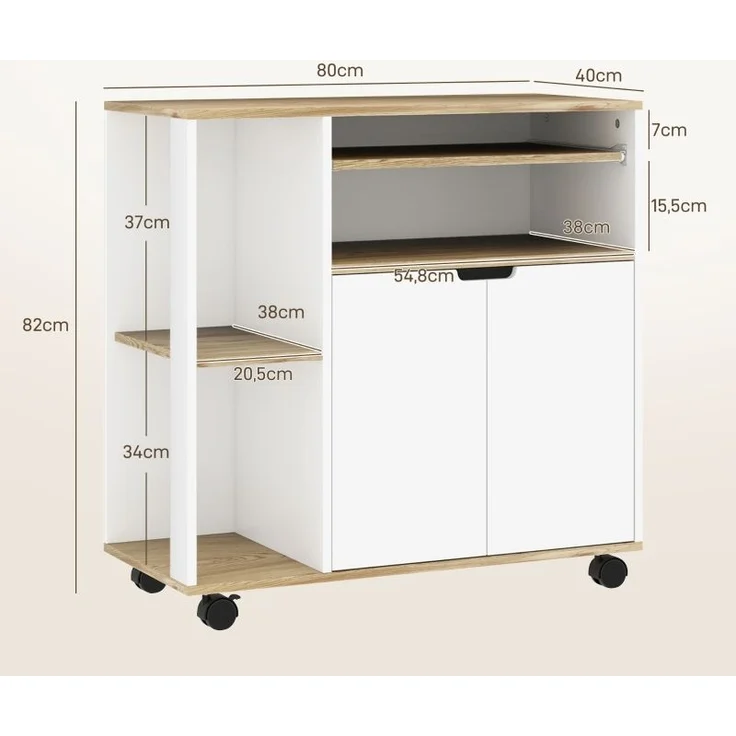 Servierwagen Mit Arbeitsplatte & Schrank - Küchenwagen Mobil Mit Rollen Und Verstellbarem Regal, Naturholz/Weiß – Bild 8