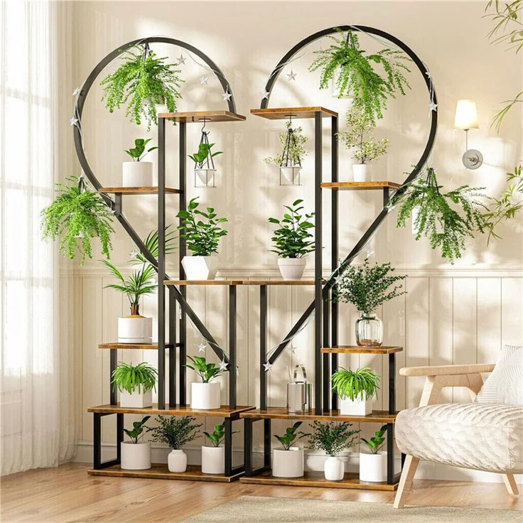 UNHO Pflanzentreppe Blumenregal Blumentreppe Schwerlast mit Hacken Pflanzenregal Herz-Blumenständer Balkon aus Metall Braun 112x28x165 cm – Bild 6