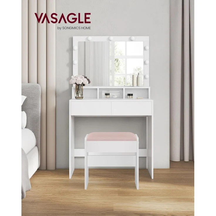 VASAGLE Schminktisch, mit LED-Beleuchtung, einstellbare Helligkeit, Frisiertisch mit Spiegel, Hocker, Kosmetiktisch mit 2 Schubladen und 3 offenen Fächern, modern, wolkenweiß und pastellrosa RDT720W01 – Bild 2