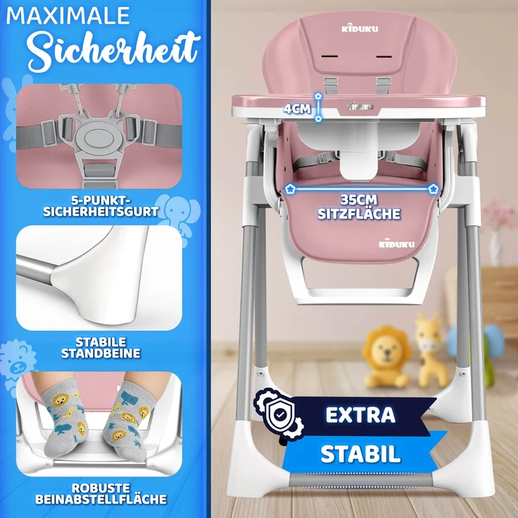 KIDUKU® Hochstuhl Baby 3in1 mit Neugeborenenaufsatz + Lätzchen, Spielbogen & Tisch | Kinderhochstuhl klappbar mit Liegefunktion | Kombihochstuhl höhenverstellbar | Babystuhl mitwachsend 0-36 Monate – Bild 10
