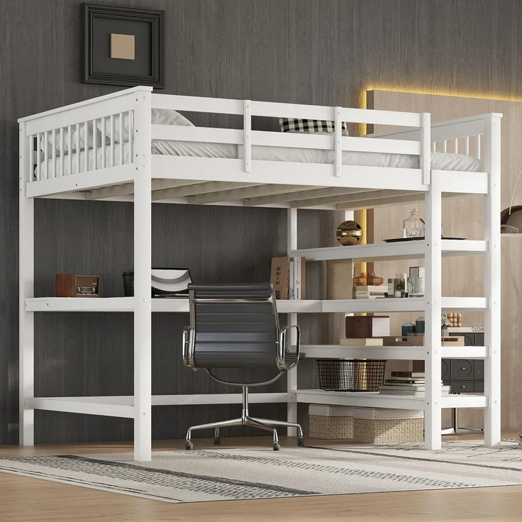 Hochbett 140x200 cm Kinderhochbett mit Schreibtisch, Ablagefächern, Kiefernholz + MDF, weiß, sichere Leiter – Bild 4