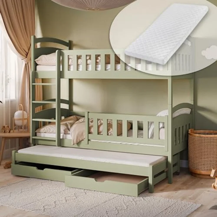 Kids Collective Etagenbett Hochbett Stockbett Kinderbett 90x200 cm mit Ausziehbett und Schubladen (mit drei Matratzen inklusive), Umbaubar zu 3 Einzelbetten mit Lattenrosten & Rausfallschutz, Olivgrün – Bild 2