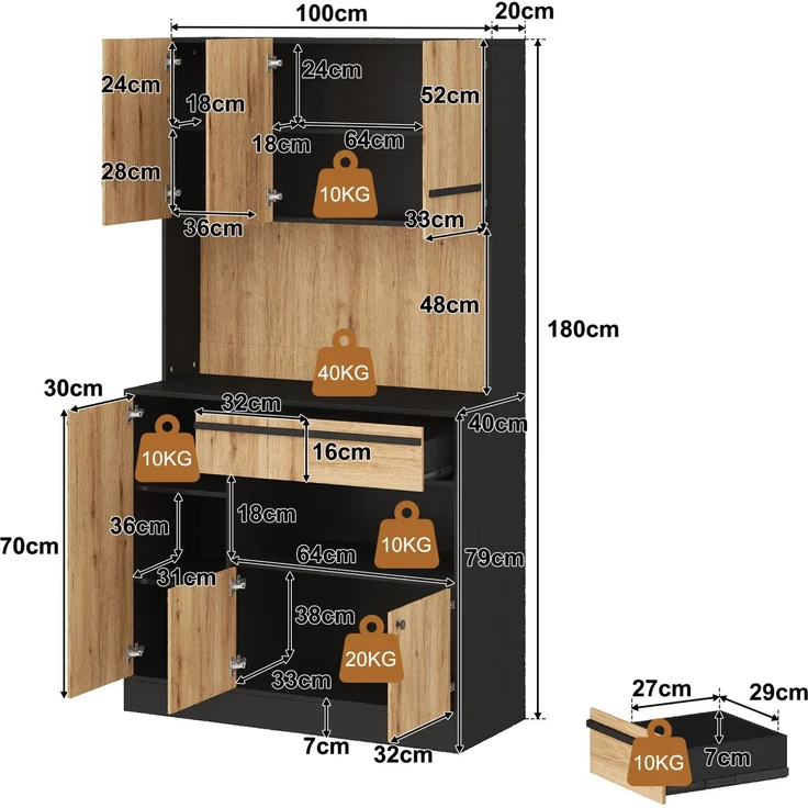 Küchenschrank 100 x 40 x 180 cm mit RGB-LED und verstellbaren Einlegeböden – Natur und Schwarz – Bild 4