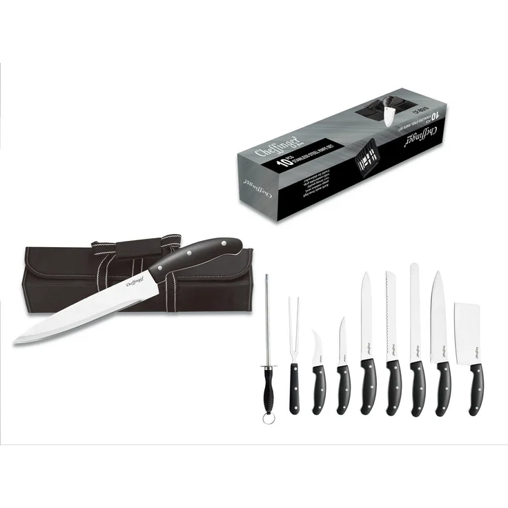 Cheffinger 10-teiliges Messer-Set aus Edelstahl mit Holzgriff & Tragetasche – Bild 2