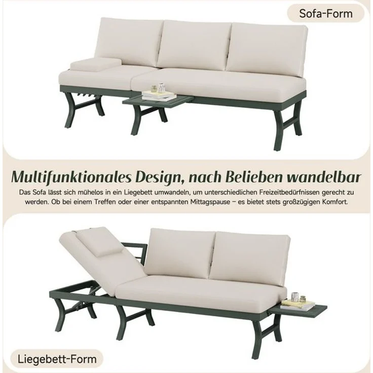 HAUSS SPOLE Gartensofa mit Liegefunktion,Outdoorsofa Gartenmöbel mit Kopfstütze&Tisch,Grün, Gartenbank mit verstellbarer Neigungsfunktion (5-stufig, bis 55), 3-Sitzer-Sofa mit verzinktes Stahlrohr mit eine Tabelle – Bild 4