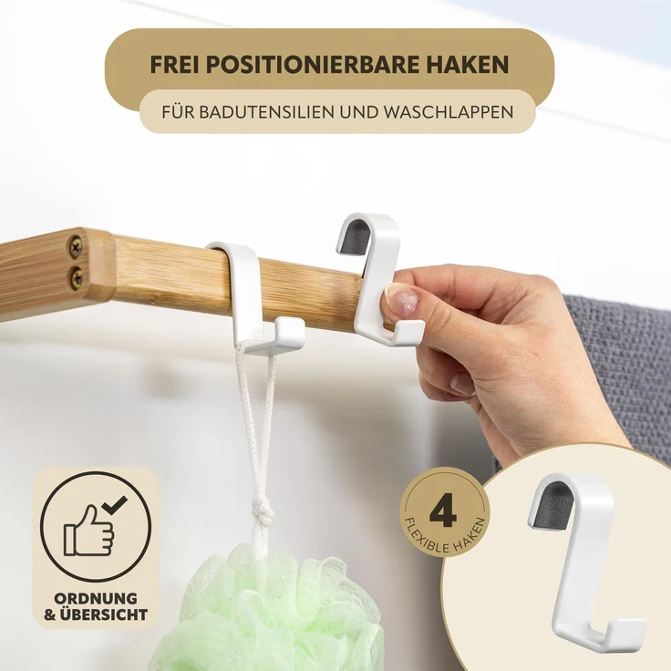 Tür-Hängeregal aus Metall und Bambus, 3 Handtuchstangen, 4 Haken, weiß – Bild 4