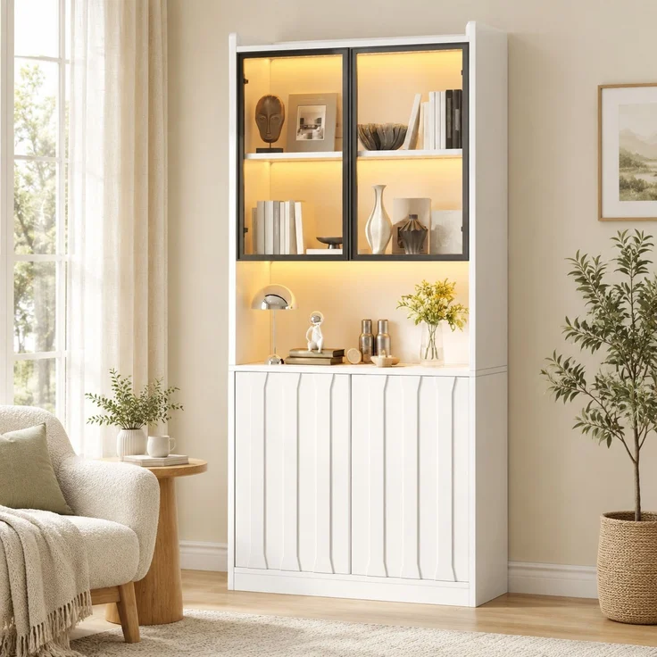 Vitrinenschrank 80x35x200 cm in Weiß mit LED, Glastüren und verstellbaren Böden – Bild 2