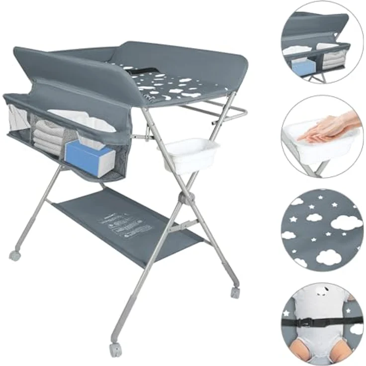 Baby Klappbarer Wickeltisch，Mobiler Wickeltisch mit Rollen und Wickelauflage,Wasserdicht und Höhenverstellbar，Baby Wickelkombi mit Ablagefächern-80 * 58 * 90 cm-dunkelgrau – Bild 3