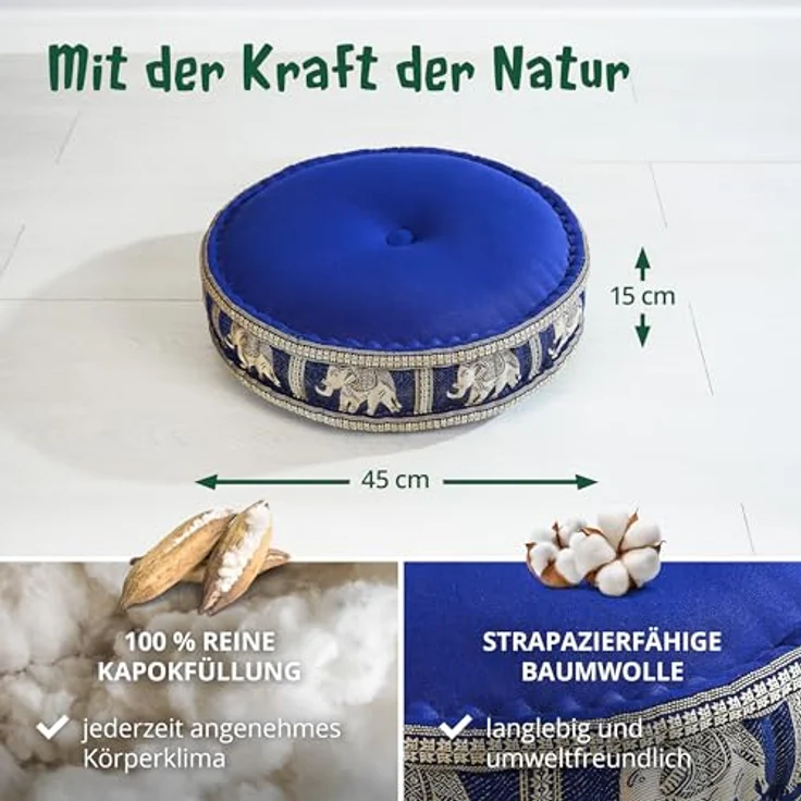livasia Meditationskissen Zafukissen groß (Deluxe) vegan und handgefertigt, 44x15cm, Kapok – Bild 5