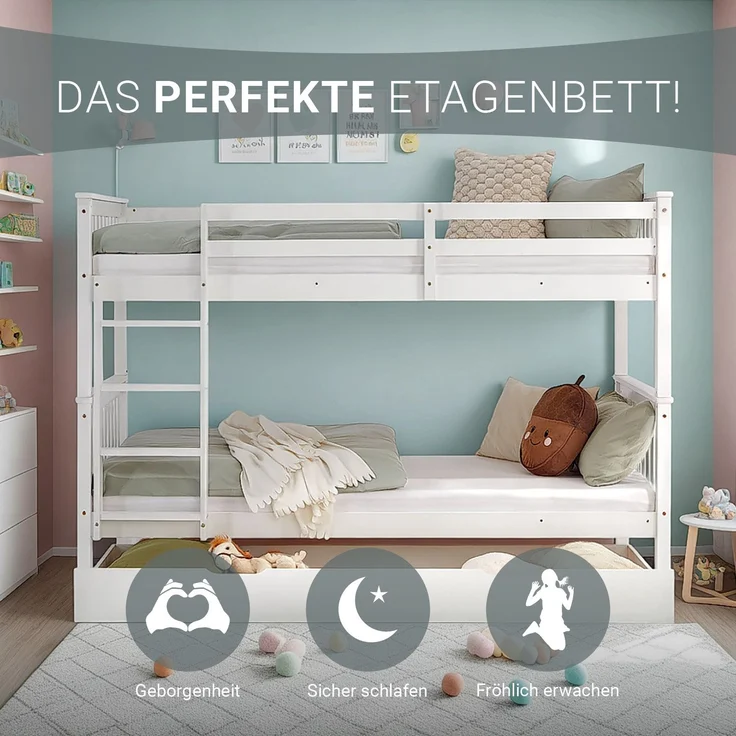 Kinderbett 90x200 mit Stauraum Etagenbett Holzbett Weiß Jugendbett Doppelstockbett Rausfallschutz Stockbett Umbaubar – Bild 3