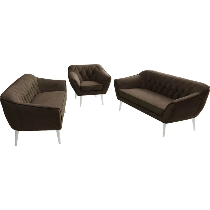 Wohnzimmerset, Möbelset PIRS 3-3-1, Armlehnen, Wellenfederung, weiße Füße, Dreisitzer Sofas mit Sessel, Polstermöbel Set - Braun Velvet – Bild 8