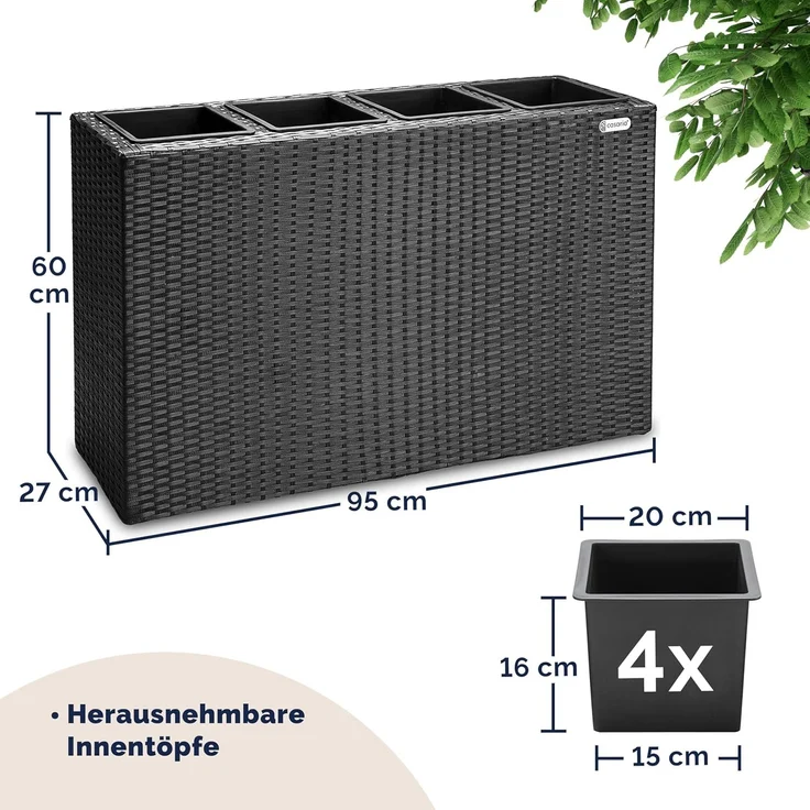 Casaria Pflanzkübel, 4 Innentöpfe Herausnehmbar Polyrattan 95x27x60cm Blumentopf Schwarz – Bild 2