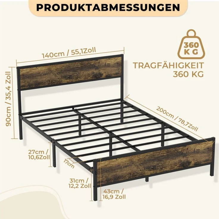 PFCTART Metallbett Bettgestell 140x200 Vintage, Stahl & MDF, Holzoptik für Betten (Set, 1-tlg, Industriedesign, wasser- & kratzfest, betten, bettrahmen & lattenroste), 360 kg Tragkraft, 90 cm Kopfteil, 27 cm Bodenfreiheit, schwarz – Bild 2