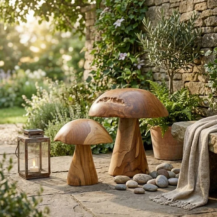2er Set Teak-Deko-Pilze JAMUR 35cm nachhaltige natürliche Holzdeko Garten – Bild 1