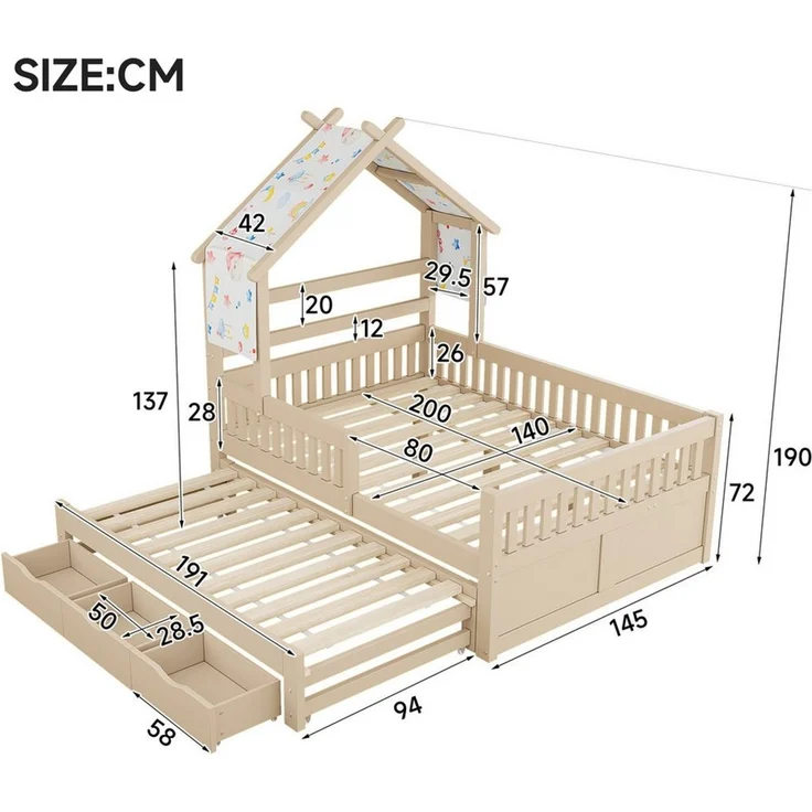 Merax Kinderbett 140x200cm mit Haus-Design, Hausbett mit Dach und Ablage (1-tlg), Kiefernholz Kinderbett mit Ausziehbett,3 Schubladen,Sicherheitsgittern – Bild 3