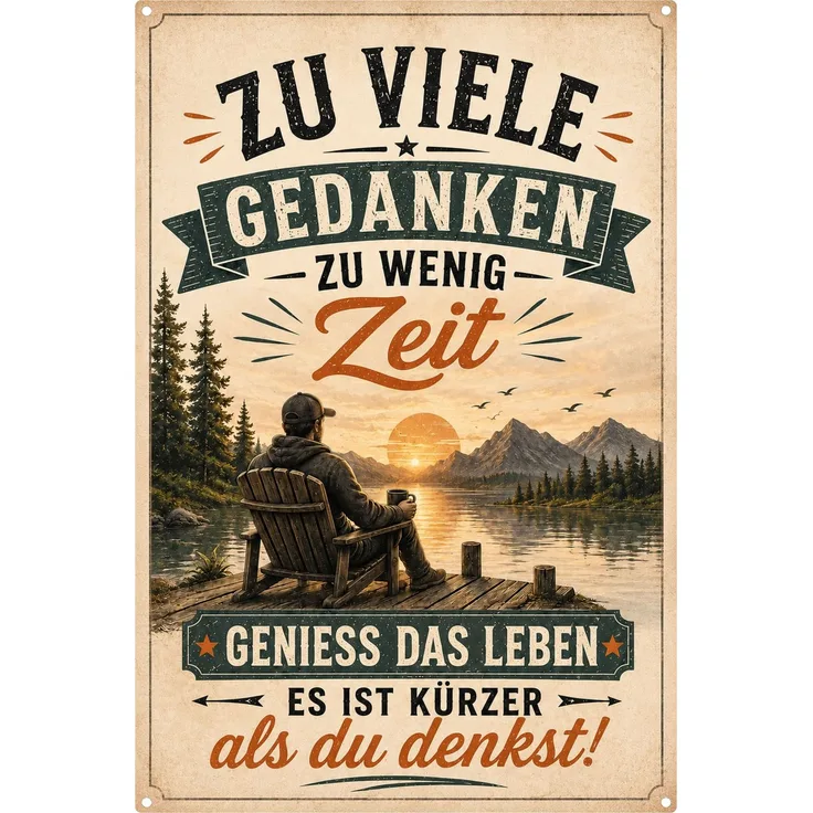 AstraDesign Blechschild 20x30cm - Zu viele Gedanken zu wenig Zeit Spruch Schild – Metall – Mehrfarbig – AD0444