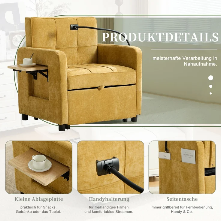 LVHOM Multifunktionaler Schlafsessel mit klappbarer Ablage, Ausziehbares 1-Sitzer Schlafsofa mit Handyhalter und Seitentaschen, Loungesessel, Gelb – Bild 4