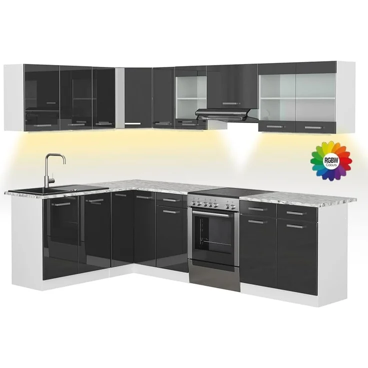 Eckküche Rick Anthrazit Hochglanz/Weiß 270 x 60 cm , AP Marmor mit LED-Leisten Vicco