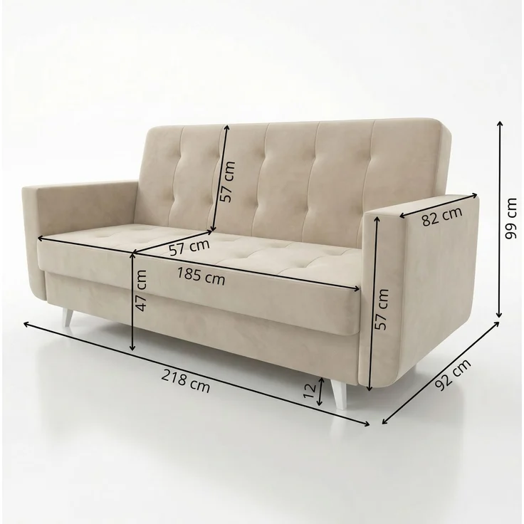 Wohnero 24 Nomi Premium Schlafsofa 218x92 cm mit Bettkasten – 120x187 cm Liegefläche, 3-Sitzer Sofa mit Schlaffunktion & Wellenfeder - Creme – Bild 5
