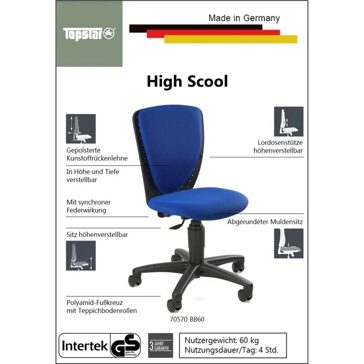 Topstar 70570BB40 High S'cool, Kinder- und Jugenddrehstuhl, Schreibtischstuhl für Kinder, Bezugsstoff orange – Bild 2