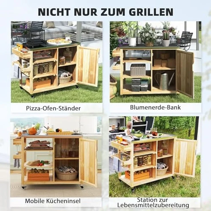 Outsunny Servierwagen 6-Etagen mit Arbeitsfläche Handtuchregal, aus Tannenholz, (BBQ Grilltisch, 1 St, Grillwagen), für Garten, Terrasse 134,5x50x91,5cm Naturholz – Bild 6