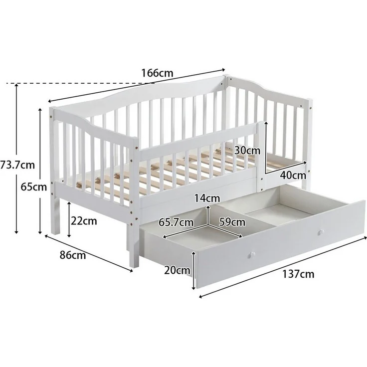 LEADZM Kinderbett mit Schubladen 70x140 / 80x160 / 90x200cm, Hausbett mit Lattenrost, Bodenbett mit Stauraum und Abnehmbarer Barriere, Weiß – Bild 2