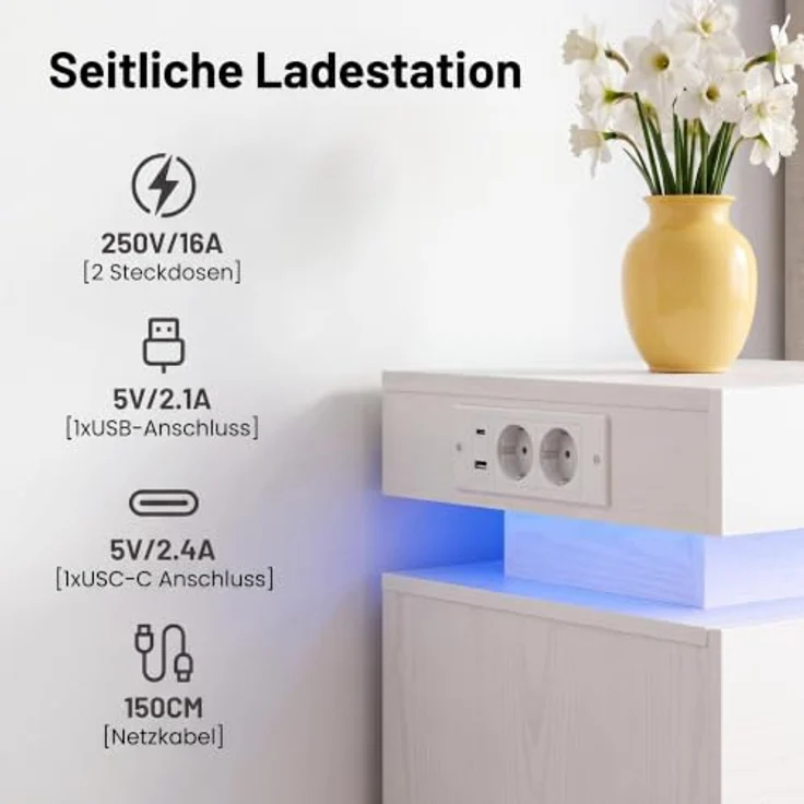 IRONCK Nachttisch 2er Set, Nachtschrank mit LED-Beleuchtung | Beistelltisch mit Ladefunktion, Steckdosen, USB & USB-C, 2 Schubladen, Kommode für Schlafzimmer Wohnzimmer, 35×40×60 cm, Weiß – Bild 4