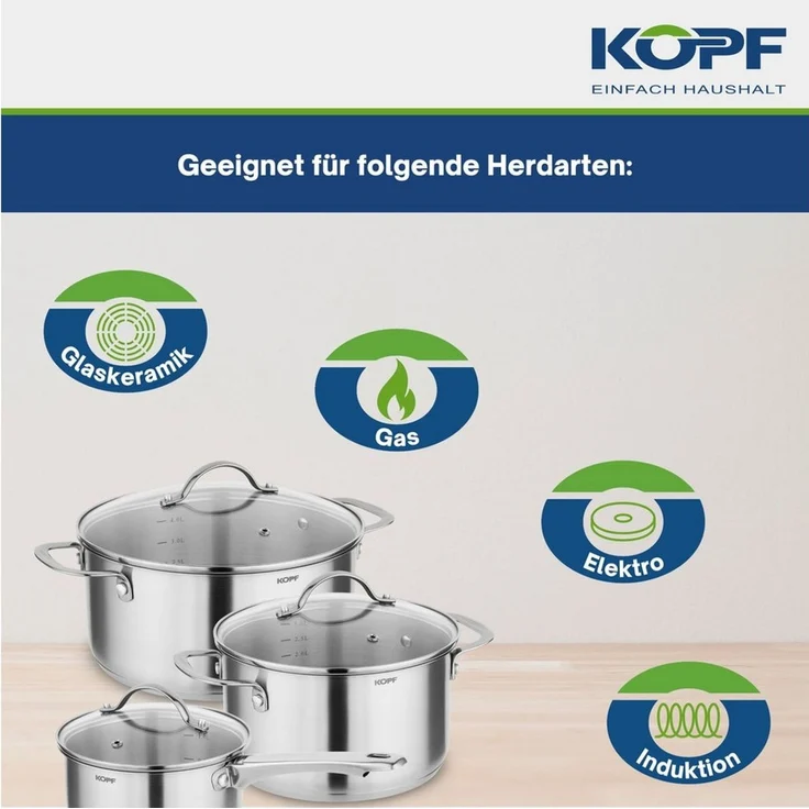 Kopf Topf-Set Clara, Edelstahl (Set, 6-tlg, 2 Kochtöpfe, Stielkasserolle, 3 Glasdeckel), Kochtopfset, Töpfe Induktion, Spülmaschinengeeignet, Backofenfest – Bild 4