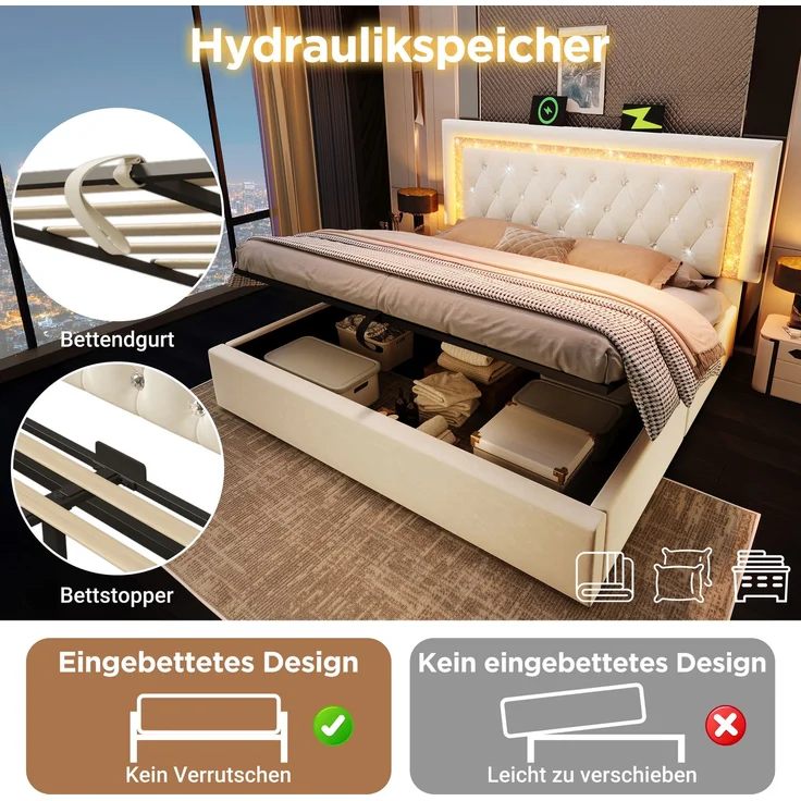 Polsterbett Doppelbett Samt mit LED-Diamantstreifen, USB & Type-C Ladestation, hydraulischem Stauraum Beige H 104 cm x T 209 cm x B 187 cm – Bild 8