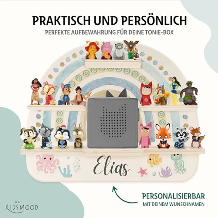 KIDSMOOD - Personalisiertes Tonie Regal für Kinderzimmer | Regenbogen Wand-Regal mit genügend Platz für Tonie-Hör-Figuren, Aussparung für Tonie-Musikbox & Kabelmanagement, Tonie Regal Mädchen & Jungen – Bild 8