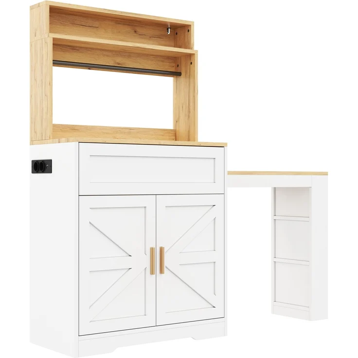 Küchenschrank 144 x 40 x 142 cm in Weiß mit ausziehbarer Arbeitsplatte und Seitenregal – Bild 9