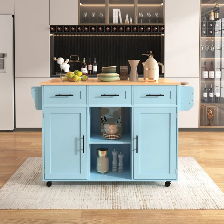 Küchenwagen B 139 x T 46(71) x H 91,5 cm, blau, MDF mit klappbarer Arbeitsplatte – Bild 6