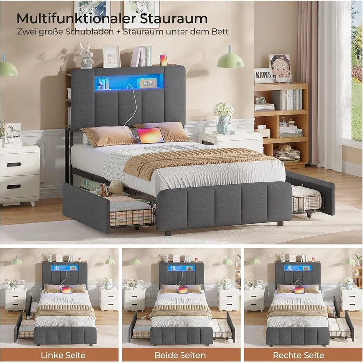 MSMASK Polsterbett mit 2 Schubladen, LED-Beleuchtung und Ladestation (Ohne Matratze), Kinderbett Jugendbett Einzelbett 90x200 cm – Bild 3