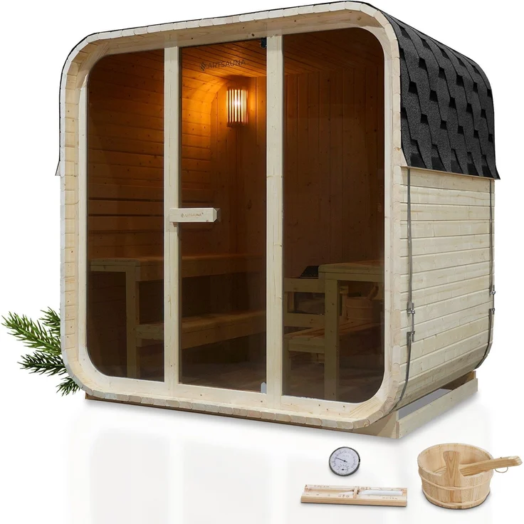 Artsauna Cube Fasssauna Fjora, Gartensauna für 6 Personen aus Fichte, 9 kW Saunaofen, LED-Beleuchtung, Zubehörset mit Sanduhr & Thermometer – Bild 1