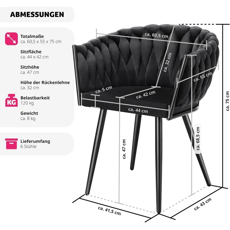 tectake Esszimmerstuhl Astano (6er Set, 6 St), gepolstert, mit Samtbezug, Knotendesign – Bild 3
