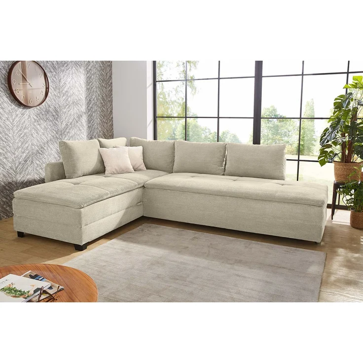 Ecksofa-Dauerschläfer Doppelbett Federkern Bettkasten Couch in Cord Beige Grau – Bild 2