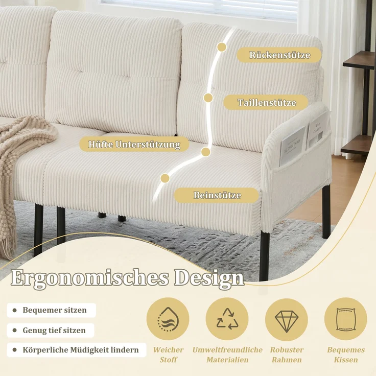 LVHOM 3-Sitzer Sofa mit Metallsockel, Polstersofa mit Seitentaschen, Loungesofa aus Cordstoff, Ergonomisches Stoffsofa, 171x72x80cm – Bild 3