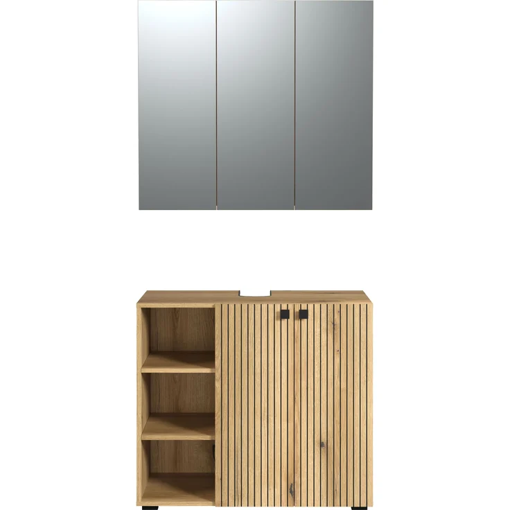trendteam smart living - PureBliss - Badmöbel-Set Waschbeckenunterschrank + Spiegelschrank - Evoke Eiche - Rillenoptik - (BxHxT) 90 x 186 x 53 cm - Badezimmermöbel mit edlen Metallgriffen – Bild 2