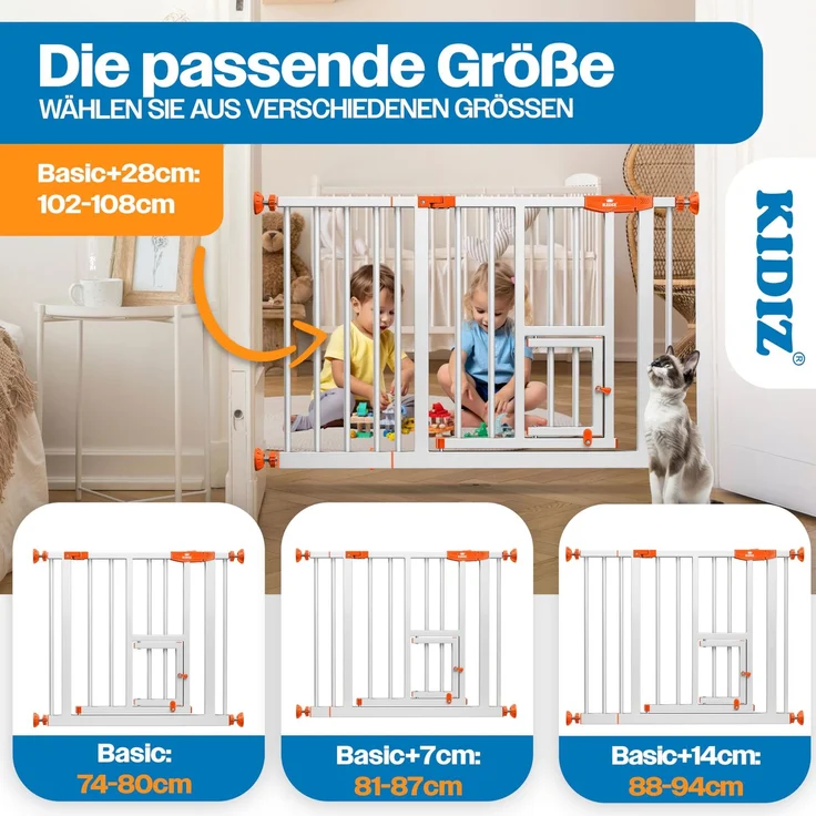 KIDIZ® Absperrgitter zum Klemmen mit Katzenklappe, Türschutzgitter, Autoclose Kinder Treppengitter ohne Bohren | 90° Stopp Schutz, schwenkbar, Treppenschutzgitter Orange, 74 - 80 cm – Bild 8