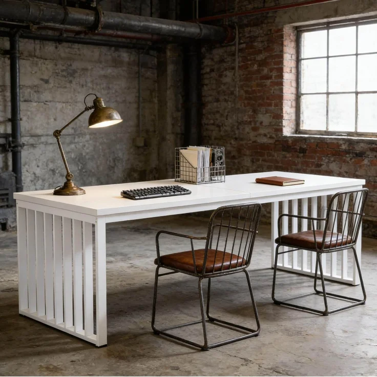 Schreibtisch mit MDF-Platte und Metallgestell, für 2 Personen, 180x60x76 cm, Weiß – Bild 3