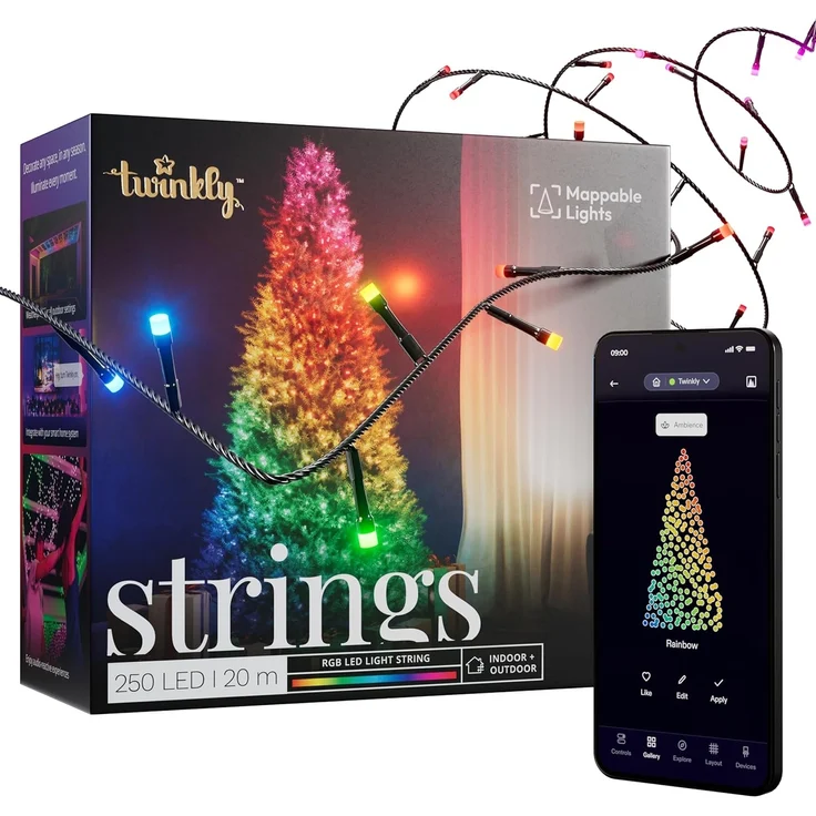 Twinkly Strings 250 LED RGB, LED-Lichterkette für Draußen und Drinnen, Smarte LED-Lichter, Kompatibel mit Alexa und Google Home, IP44, Weihnachtsdeko, App-Steuerung, Schwarzes Kabel, 20m – Bild 1