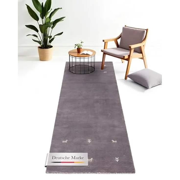 carpetfine 'Gabbeh Uni' Wollteppich, reine Wolle, Grau, 80x350 cm – Bild 2