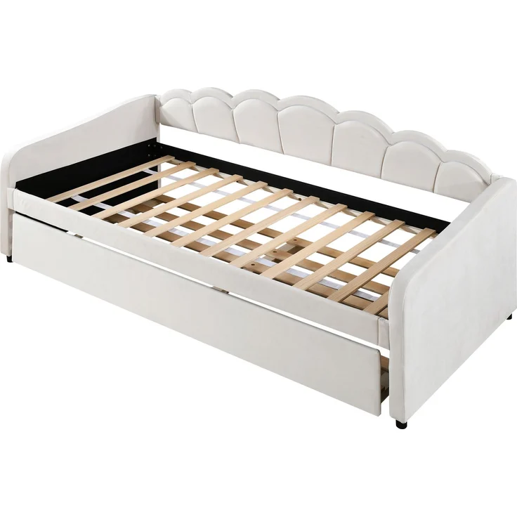 Ausziehbett 90×200 cm mit LED-Beleuchtung und Rollbett, Samt Beige, ohne Matratze – Bild 8