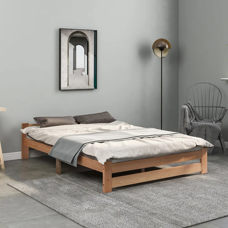 Solide Massivholzbett Futonbett Massivholz Natur Bett aus mit Kopfteil und Lattenrost , Natur (200x140cm) – Bild 5