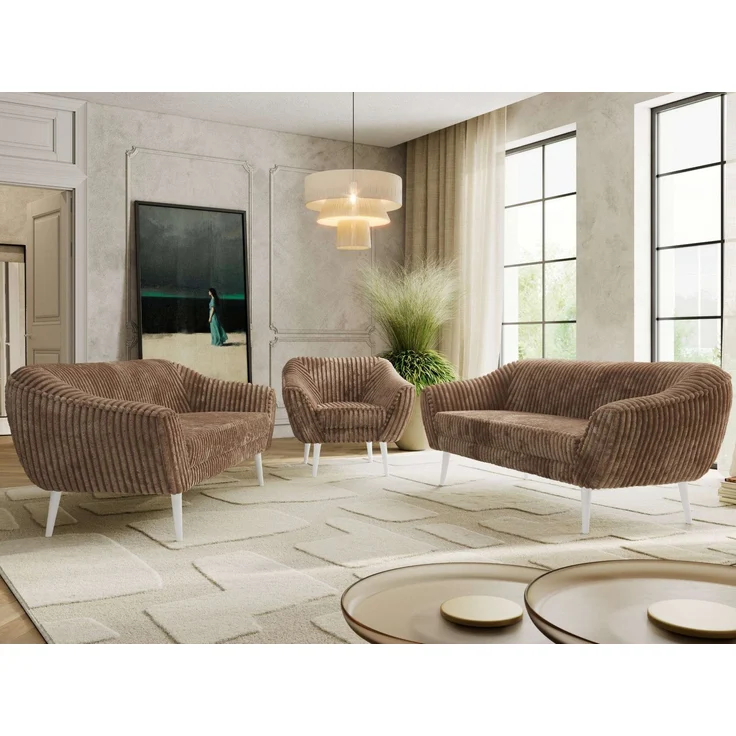 Wohnzimmerset, Möbelset PIRS 3-3-1, Armlehnen, Wellenfederung, weiße Füße, Dreisitzer Sofas mit Sessel, Polstermöbel Set - Braun Cord – Bild 1