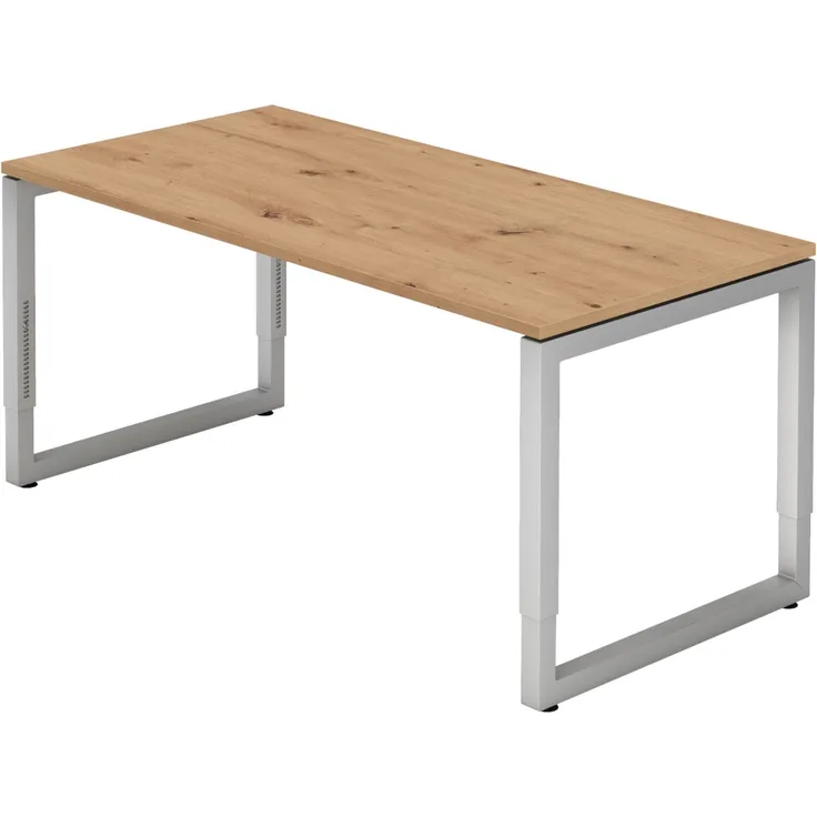 bümö höhenverstellbarer Schreibtisch R-Serie 160x80 cm in Asteiche, Gestell in Silber - PC Tisch für's Büro manuell höhenverstellbar, Computertisch verstellbar, RS-16-R-S