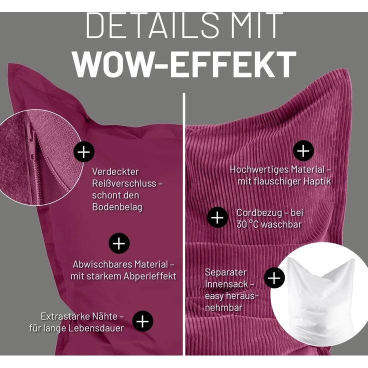 Lumaland Sitzsack Classic XXL All-in-One Set | Riesen Sitzsack XXL mit Cord & Outdoor Bezug für drinnen & draußen | Sofa Sessel mit im Innensack sicher verpackter EPS-Füllung – Hüllen Easy wechselbar – Bild 7