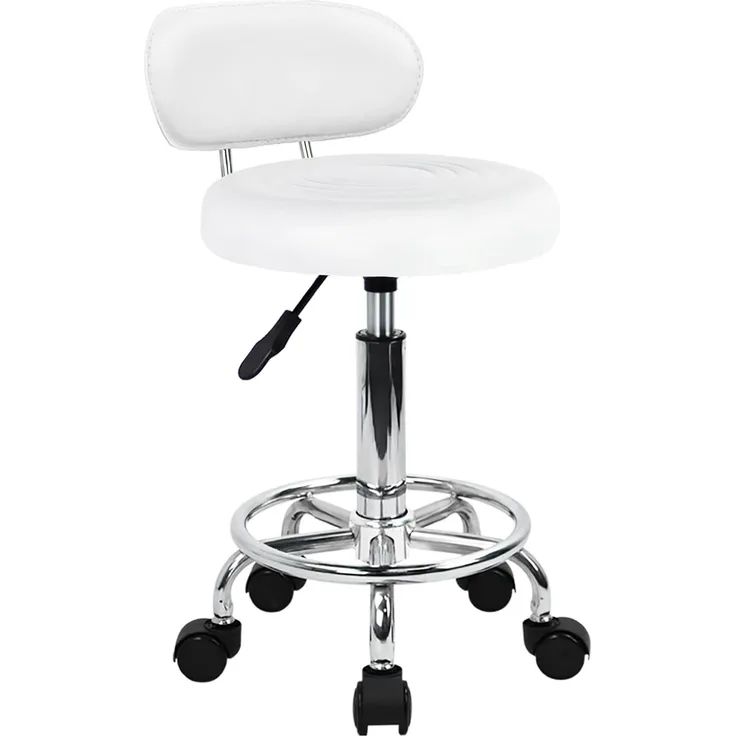 KKTONER Moderner Rollhocker aus PU-Leder mit niedriger Rückenlehne, höhenverstellbar, für Arbeitssalon, Zeichenstuhl, Drehstuhl, mit Fußstütze (weiß)