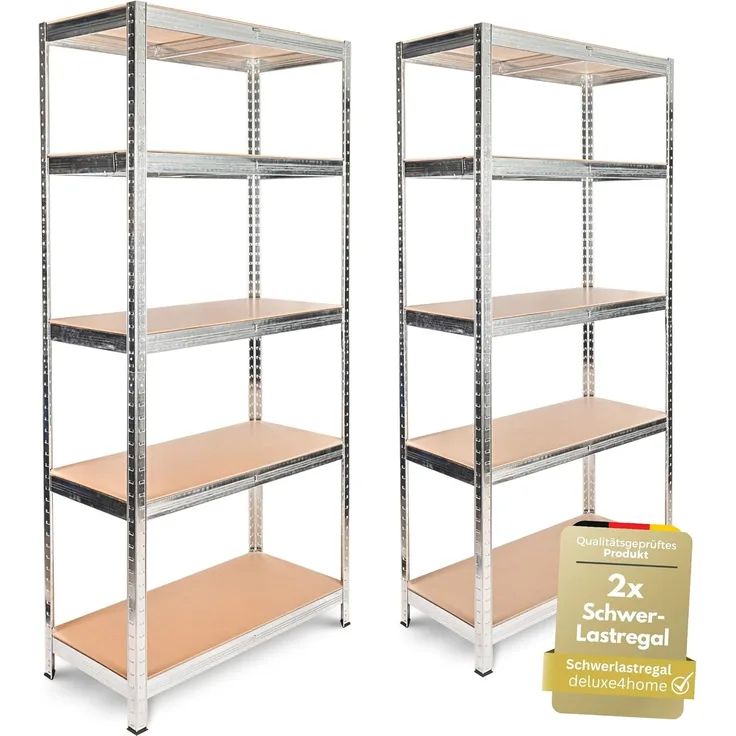 deluxe4home Schwerlastregal 2er Set Kellerregal verzinkt I 40x90x180 cm I Lagerregal bis 875kg
